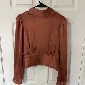 Fashion Nova Orange Puff Sleeve Crop Blouse with Mandarin Collar